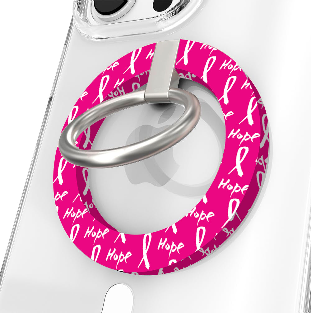 Hope Print MagSafe phone grip ring with pink background white awareness ribbons and hope text compatible with iPhone and Samsung