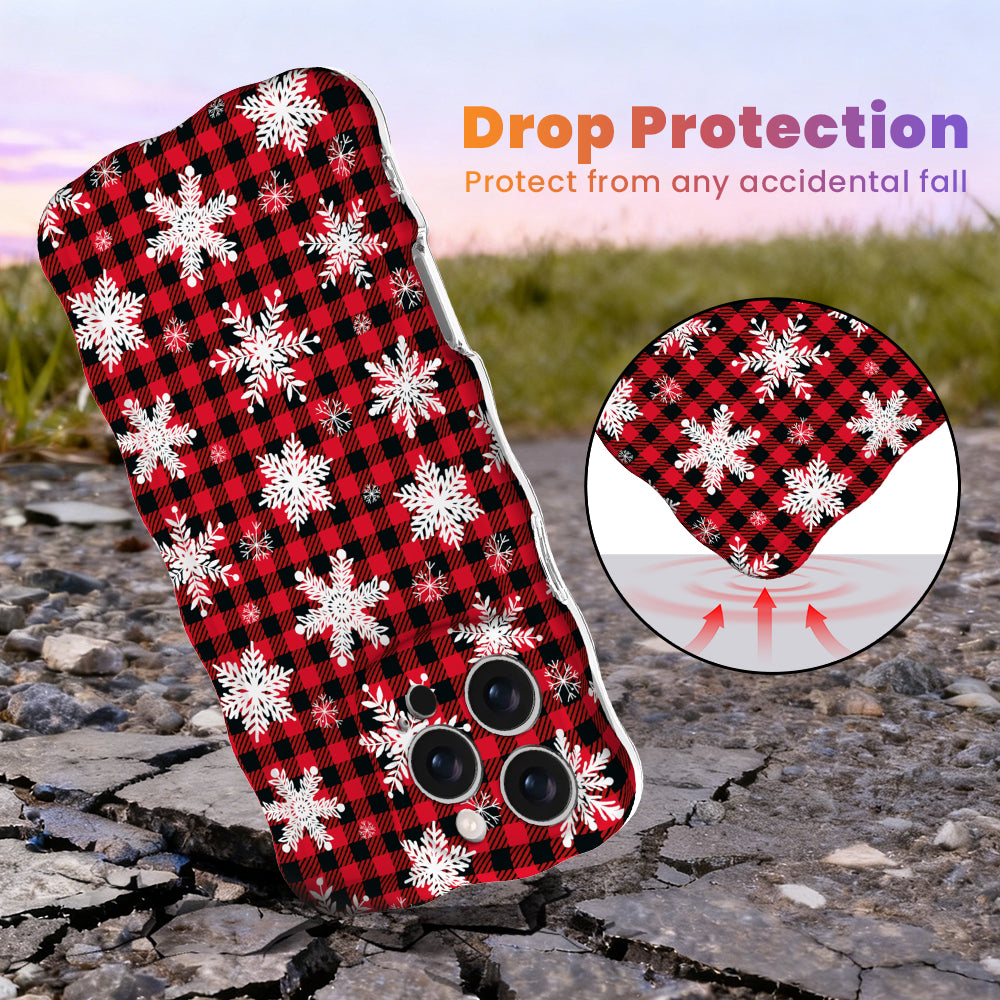 Buffalo Plaid Snowflake Wavy Luxe MagSafe iPhone case, red and black buffalo check with white snowflakes, with shock-absorbing corners for drop protection
