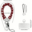 Buffalo Plaid Snowflake scrunchie wrist strap dimensions: 26.5 cm strap, 2.5 cm wide, 6.5 cm loop, 4.6 x 3.7 cm phone tab