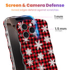 Buffalo Plaid Snowflake iPhone case with 1 mm raised screen edges and 1.5 mm raised camera lens edges, red and black buffalo check with white snowflakes
