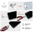 3 steps to attach the Buffalo Plaid Snowflake scrunchie phone strap: pass the tab through the charging port, fit the case, clip on the wrist strap