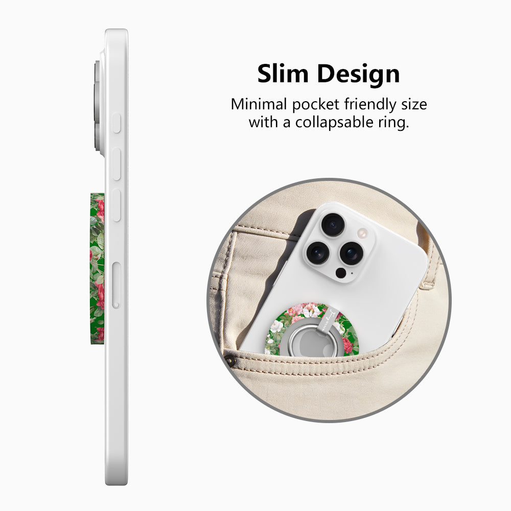 Garden Party pattern MagSafe phone grip ring with pink and white roses on a deep forest green background compatible with iPhone and Samsung
