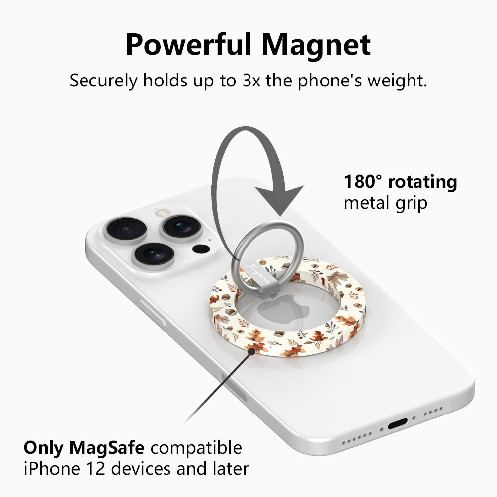 Powerful magnet diagram for the Nutty For Fall MagSafe grip ring, showing the 180 degree rotating metal grip that holds up to three times the phone's weight on MagSafe iPhone 12 and later.