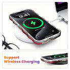 Wireless charging graphic showing an iPhone in the Velvet Vixen red and gold marble MagSafe case charging on a wireless pad.