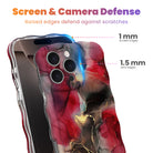 Screen and camera defense graphic for the Velvet Vixen iPhone case, showing 1 mm raised screen edges and 1.5 mm raised lens edges on the crimson marble print.