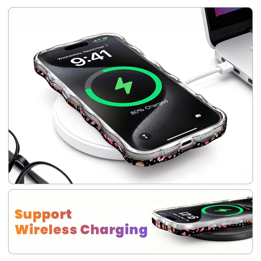 Merry Mugs & Ginger Hugs MagSafe iPhone case on a wireless charging pad, showing wireless charging works through the case