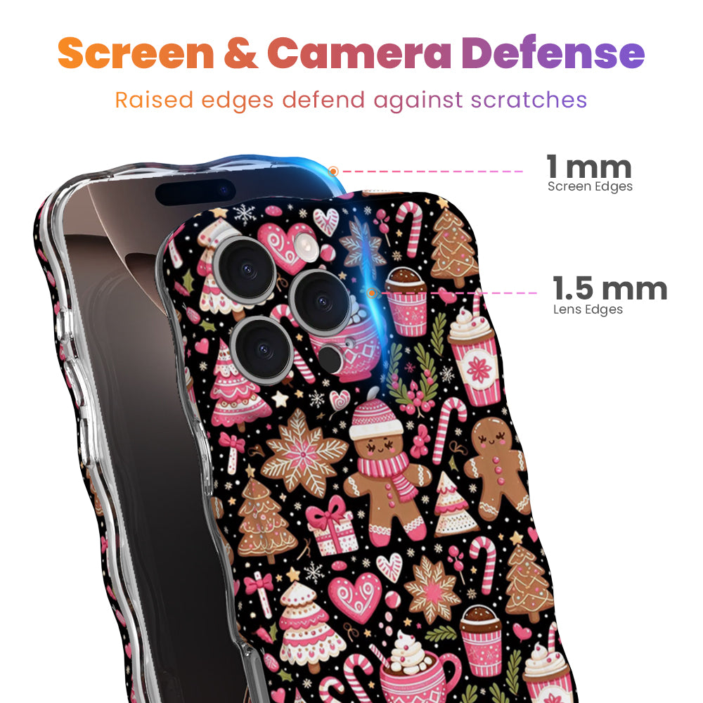 Merry Mugs & Ginger Hugs iPhone case with 1 mm raised screen edges and 1.5 mm raised camera lens edges, black gingerbread print with pink cocoa mugs and candy canes