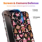 Merry Mugs & Ginger Hugs iPhone case with 1 mm raised screen edges and 1.5 mm raised camera lens edges, black gingerbread print with pink cocoa mugs and candy canes
