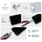 3 steps to attach the Merry Mugs & Ginger Hugs scrunchie phone strap: pass the tab through the charging port, fit the case, clip on the wrist strap