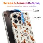 Screen and camera defense diagram for the Nutty For Fall iPhone case, showing the 1 mm raised screen edge and 1.5 mm raised lens edge, with the hello autumn script visible on the cream print.