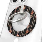 Pretty Little Details Hold It Fancy MagSafe grip ring in black with champagne pearl strands and rose gold rose drops, brushed silver ring, attached to a clear iPhone case.
