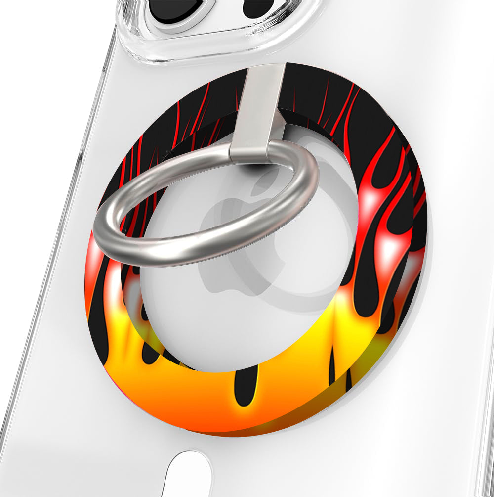 Hot Rod Flame pattern MagSafe phone grip ring and stand with silver ring, compatible with iPhone and Samsung