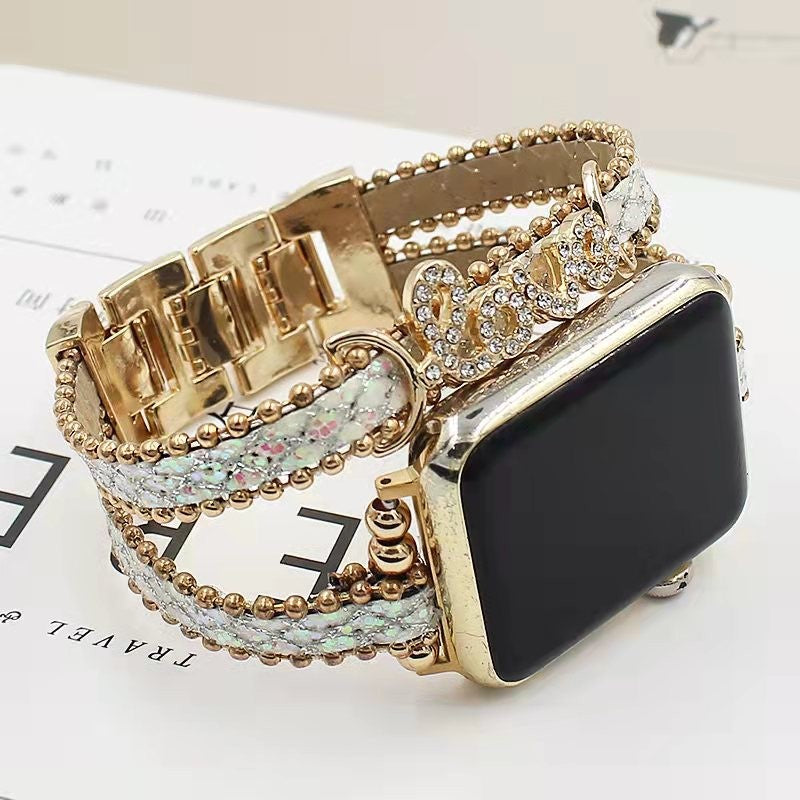 Blinged Out Leather Steel Bracelet Band For Apple Watch Multiple Colors Available