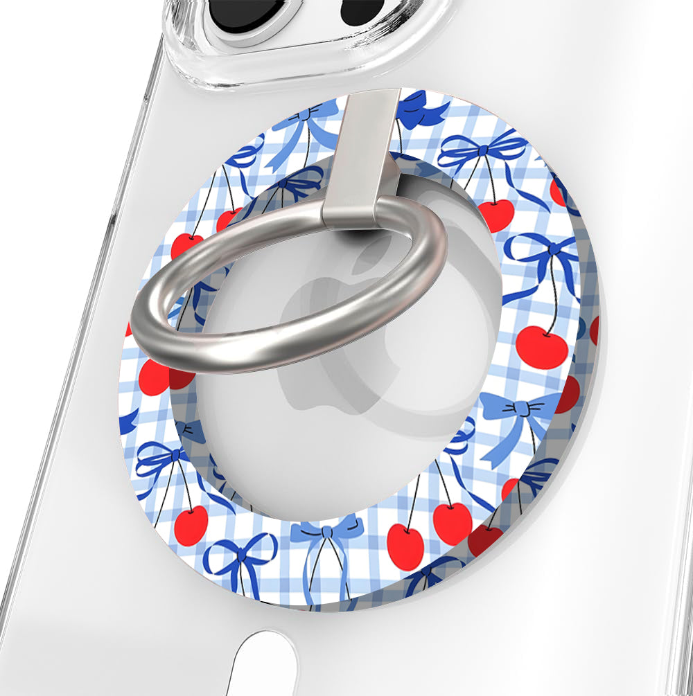 Cherry On Top pattern MagSafe phone grip ring with red cherries blue bows and gingham background compatible with iPhone and Samsung