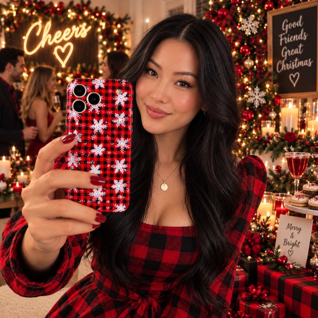 Woman in a red plaid dress at a holiday party holding her Buffalo Plaid Snowflake MagSafe iPhone case