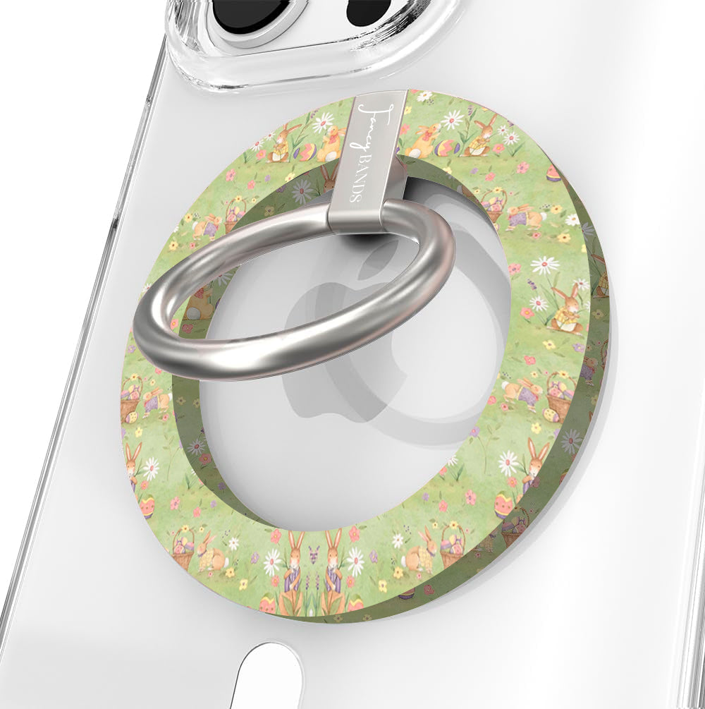 Vintage Easter pattern MagSafe phone grip ring with watercolor bunnies eggs and baskets on sage green background compatible with iPhone and Samsung