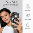 Flower Pop pattern MagSafe phone grip ring with sketched colorful flowers and script text on black background compatible with iPhone and Samsung
