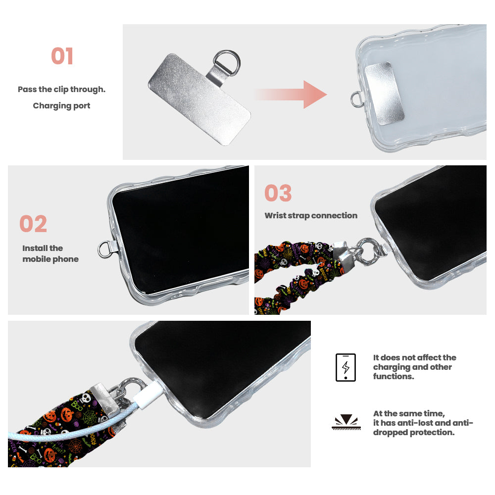Three-step guide to attaching a Fancy Bands scrunchie phone wrist strap: pass the clip through the charging port opening, install the phone in its case, then connect the wrist strap. Charging is unaffected and the strap adds anti-lost, anti-drop protection.