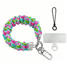 Merry & Bright, Totally! scrunchie phone wrist strap laid flat with silver clasp and phone tab, pink and lime Christmas trees on aqua