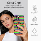 Get a Grip infographic for the Main Witch Energy MagSafe grip ring, showing a model holding her striped phone one-handed plus easy selfies, comfort and video stand uses.