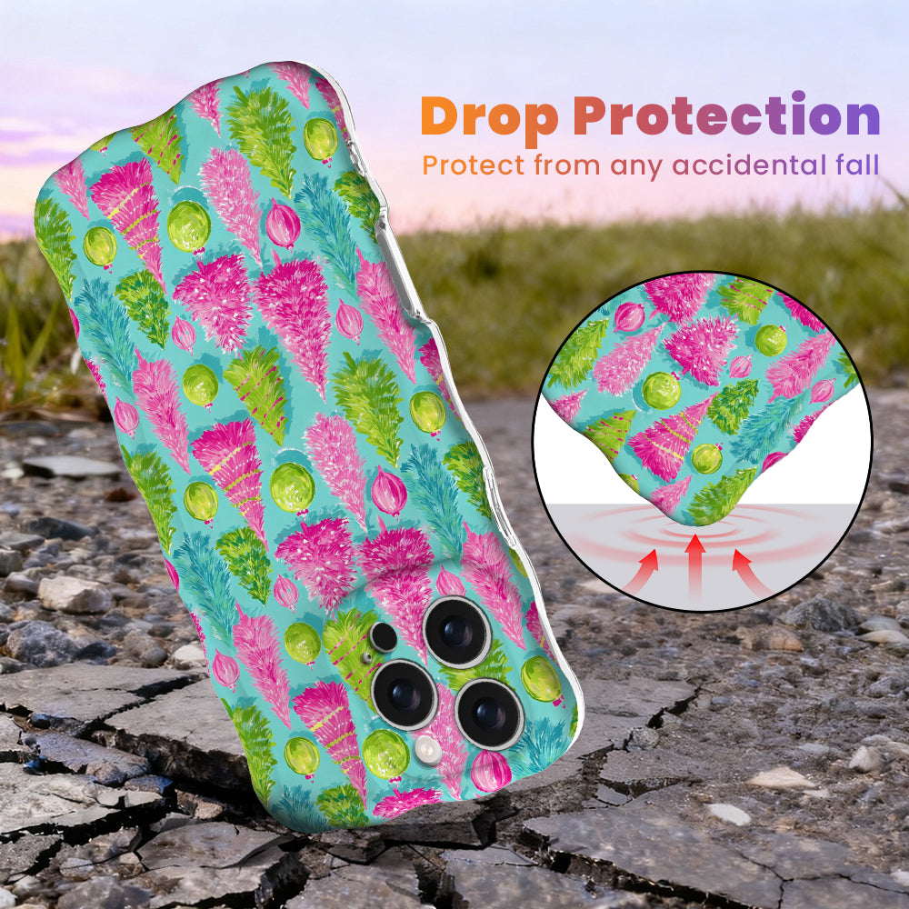 Merry & Bright, Totally! Wavy Luxe MagSafe iPhone case, pink and lime Christmas trees on aqua, with shock-absorbing corners for drop protection