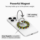 Powerful magnet diagram for the Main Witch Energy MagSafe grip ring, showing the 180 degree rotating metal grip that holds up to three times the phone's weight.