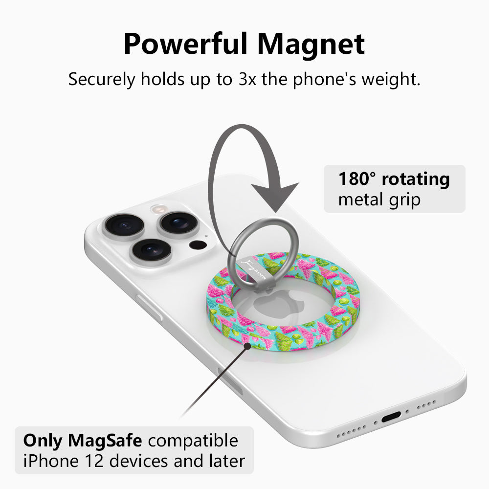 Merry & Bright, Totally! MagSafe grip ring with 180 degree rotating silver ring, holds up to 3x the phone's weight, for MagSafe iPhone 12 and later