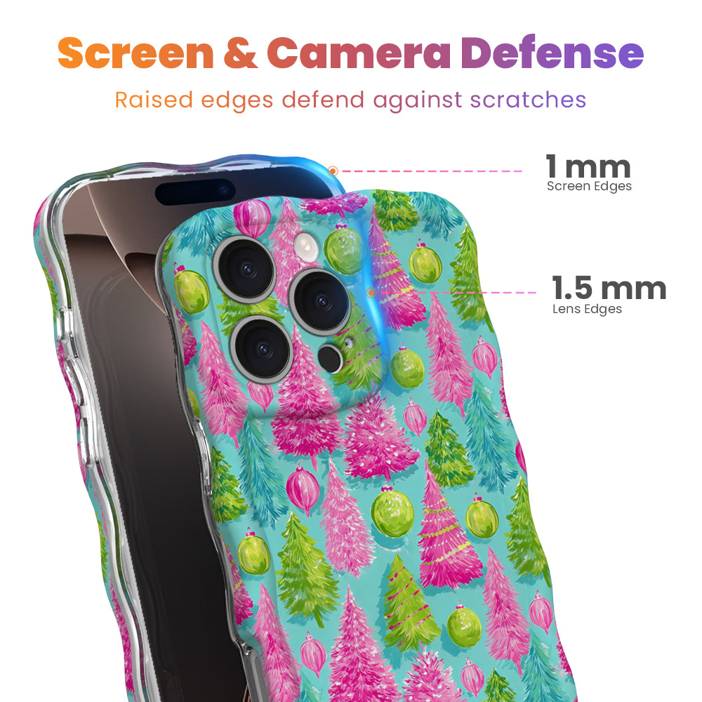 Merry & Bright, Totally! iPhone case with 1 mm raised screen edges and 1.5 mm raised camera lens edges, pink and green Christmas tree print
