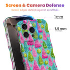 Merry & Bright, Totally! iPhone case with 1 mm raised screen edges and 1.5 mm raised camera lens edges, pink and green Christmas tree print