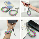 Four views of the Merry & Bright, Totally! scrunchie phone wrist strap: with its phone tab, dangling from a phone in hand, worn on the wrist, and clipped to a bag