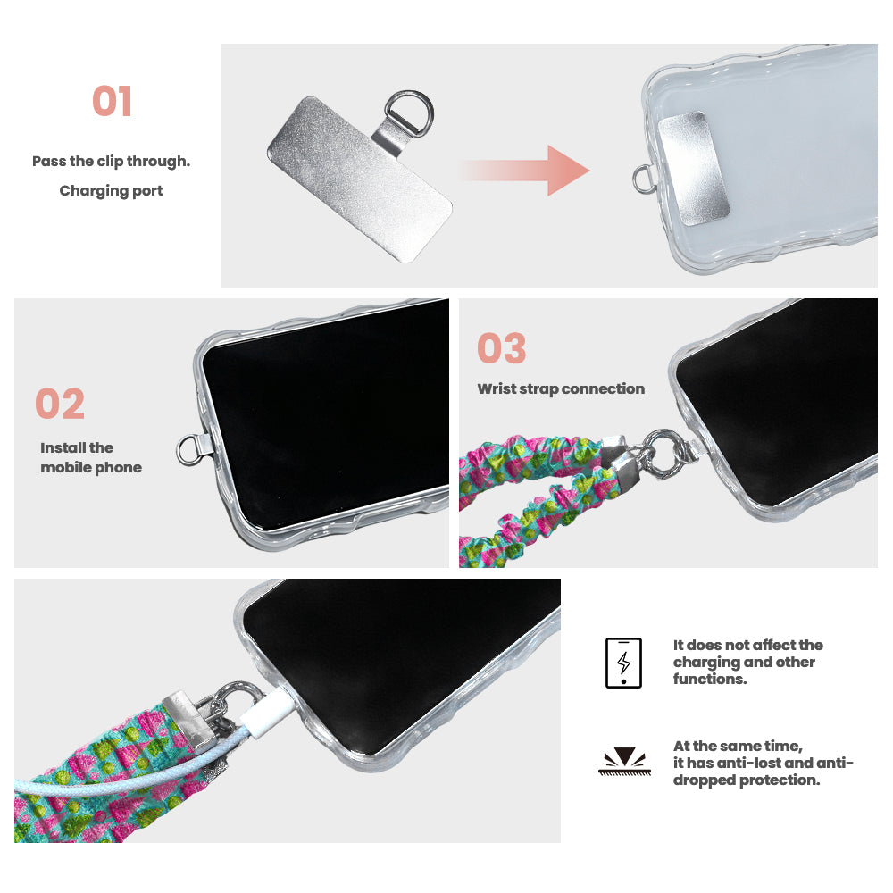 3 steps to attach a Merry & Bright, Totally! scrunchie phone wrist strap: pass the tab through the charging port, fit the case, clip on the wrist strap