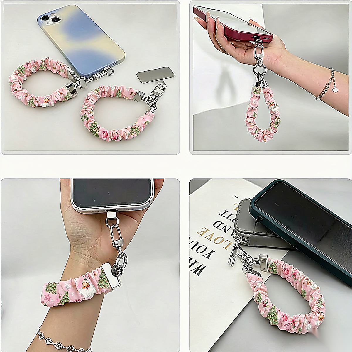 Four ways to use the Jolly Pink Santa scrunchie phone wrist strap: with its phone tab, dangling from a phone, worn on the wrist and clipped to a bag