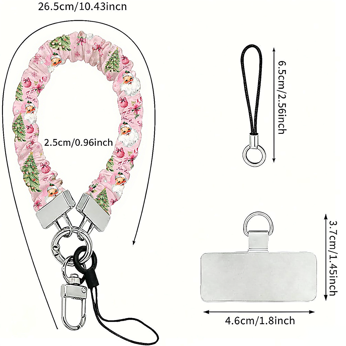 Jolly Pink Santa scrunchie phone wrist strap dimensions: 26.5 cm strap, 2.5 cm wide, 6.5 cm loop, 4.6 x 3.7 cm phone tab