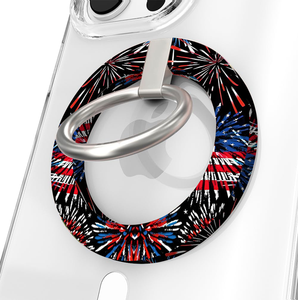 USA Fireworks patriotic pattern MagSafe phone grip ring with red white and blue fireworks on black background compatible with iPhone and Samsung