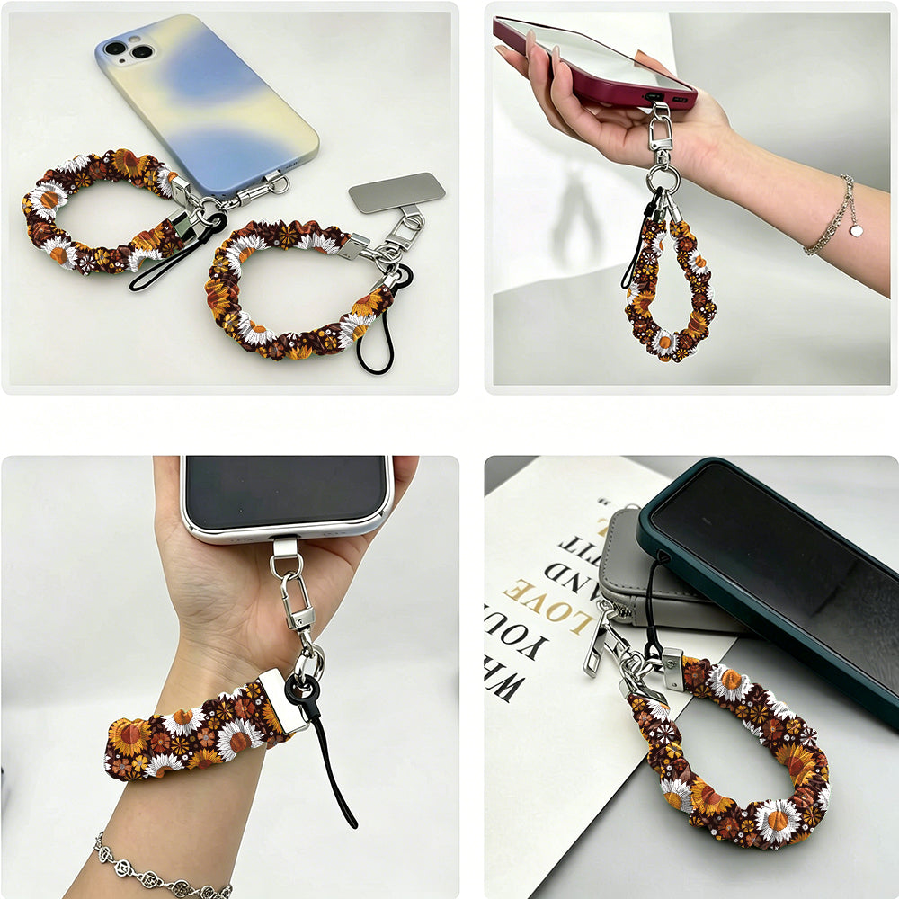 Four ways to use the Harvest Sunflowers scrunchie phone wrist strap: clipped to a phone case, held in the hand, worn on the wrist, and resting beside a phone on a book.