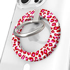 Leopard Crush pattern MagSafe phone grip ring with vibrant pink and red leopard spots on white background compatible with iPhone and Samsung