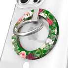 Garden Party pattern MagSafe phone grip ring with pink and white roses on a deep forest green background compatible with iPhone and Samsung