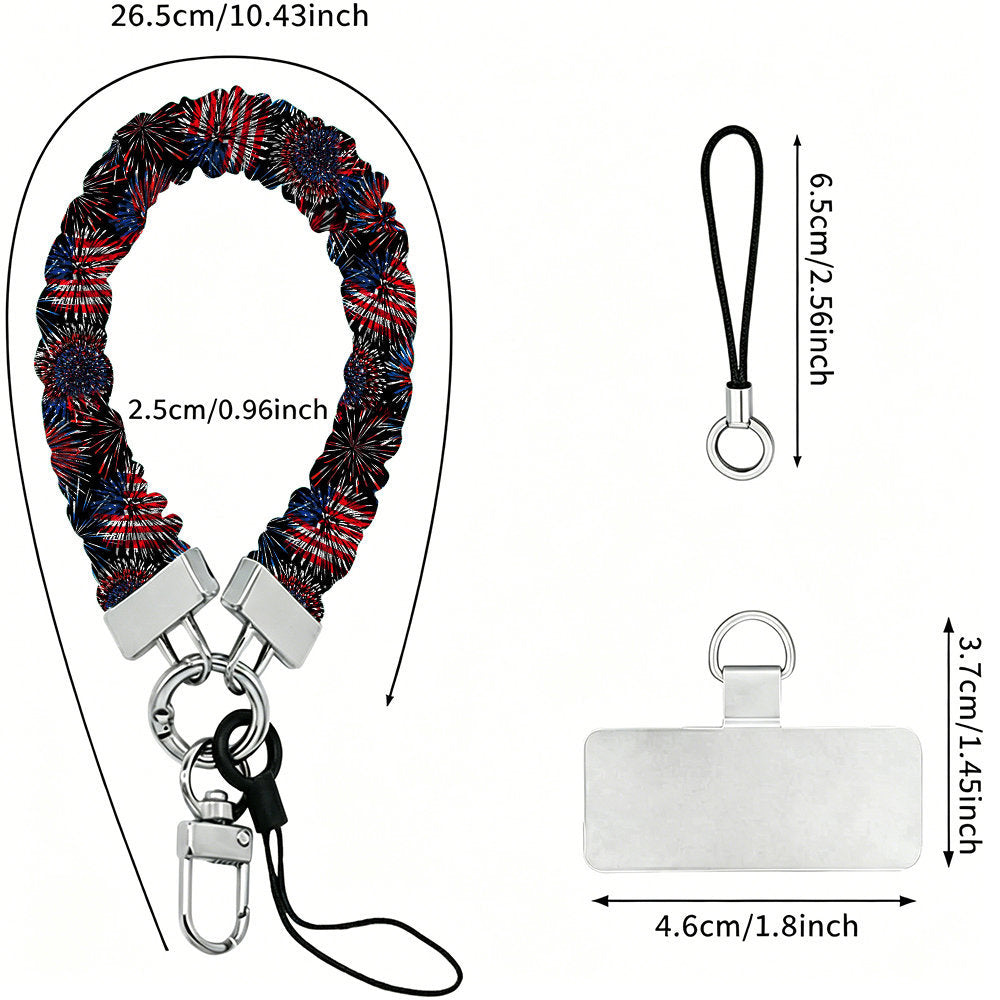 Size diagram for the USA Fireworks scrunchie phone wrist strap: 26.5 cm strap, 2.5 cm wide, 6.5 cm loop cord and a 4.6 by 3.7 cm phone attachment tab.