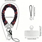 Size diagram for the USA Fireworks scrunchie phone wrist strap: 26.5 cm strap, 2.5 cm wide, 6.5 cm loop cord and a 4.6 by 3.7 cm phone attachment tab.
