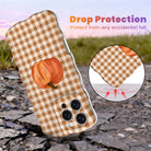 Drop protection diagram for the Gingham Pumpkin Girly Wavy Luxe iPhone case, showing the shock-absorbing raised edges that protect the caramel gingham and pumpkin print against accidental falls.