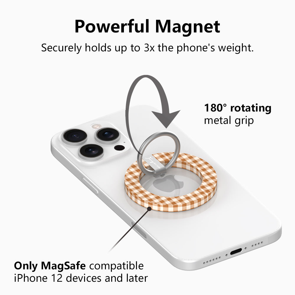 Powerful magnet diagram for the Gingham Pumpkin Girly MagSafe grip ring, showing the 180 degree rotating metal grip that holds up to three times the phone's weight on MagSafe iPhone 12 and later.