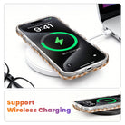 Wireless charging diagram showing the Gingham Pumpkin Girly Wavy Luxe iPhone case charging on a MagSafe pad with the case still on.