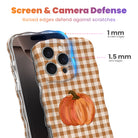 Screen and camera defense diagram for the Gingham Pumpkin Girly iPhone case, showing the 1 mm raised screen edge and 1.5 mm raised lens edge that guard against scratches.
