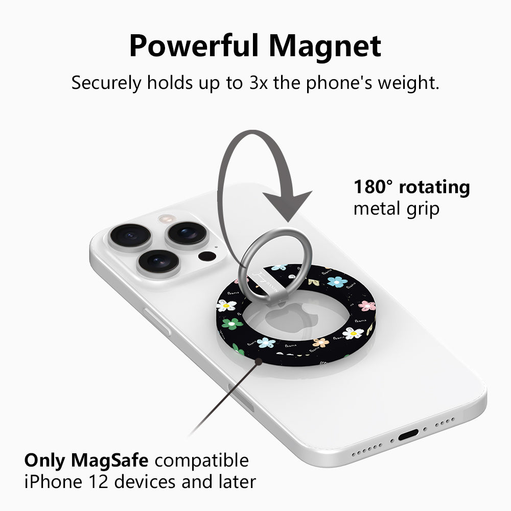 Flower Pop pattern MagSafe phone grip ring with sketched colorful flowers and script text on black background compatible with iPhone and Samsung