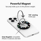 Flower Pop pattern MagSafe phone grip ring with sketched colorful flowers and script text on black background compatible with iPhone and Samsung
