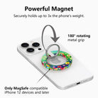 Petal Princess watercolor floral MagSafe phone grip ring with vibrant pink and yellow blooms on green background compatible with iPhone and Samsung