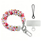 Berry Cute Blooms Scrunchie Phone Wrist Strap shown with its silver lobster clasp, black loop cord and phone attachment tab, pink fabric printed with strawberries and white daisies.