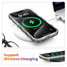 Plaid Tidings & Bows MagSafe iPhone case on a wireless charging pad, showing wireless charging works through the case