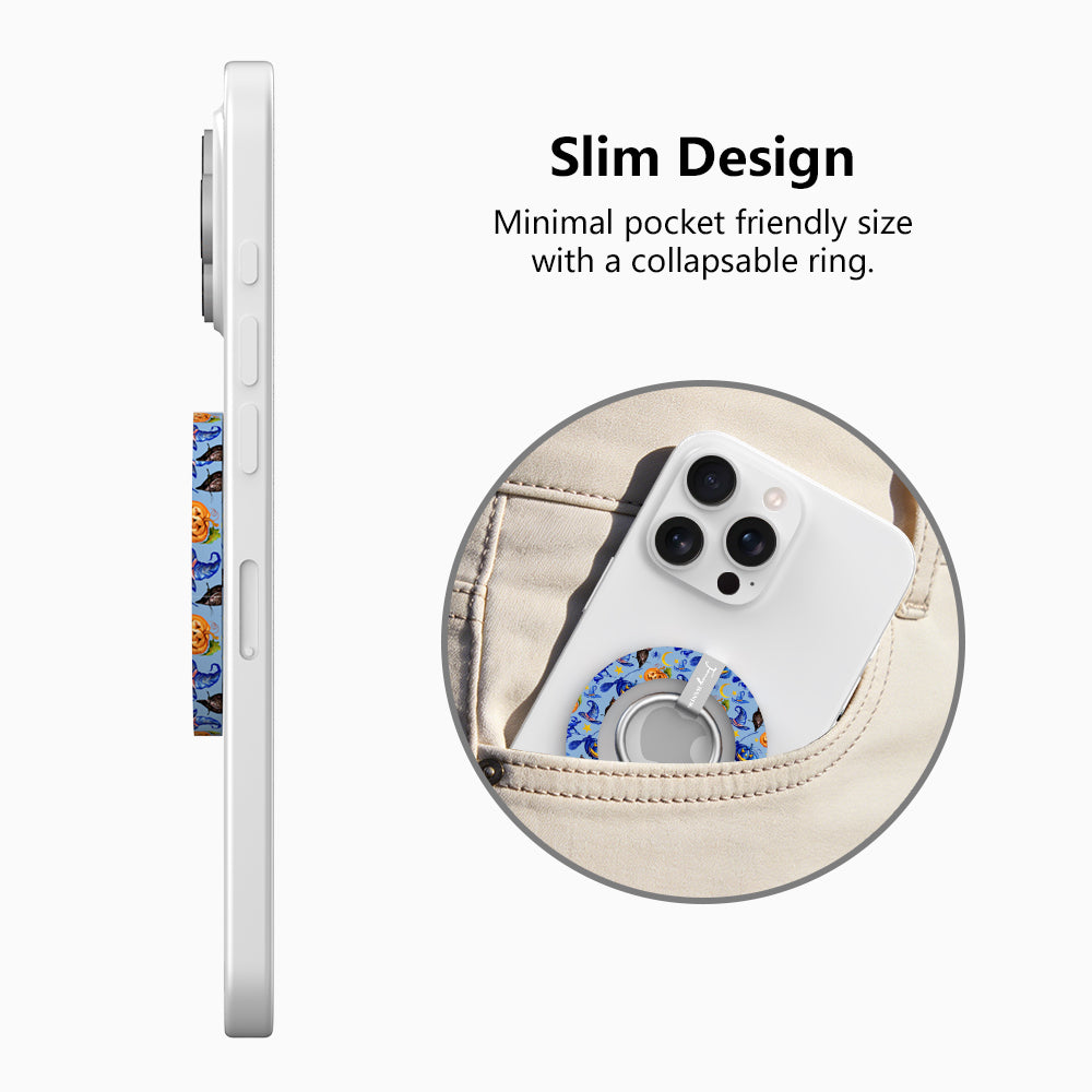 Slim design graphic for The Bewitching Hour MagSafe grip ring, showing the low-profile collapsible build in the blue witch hat print.