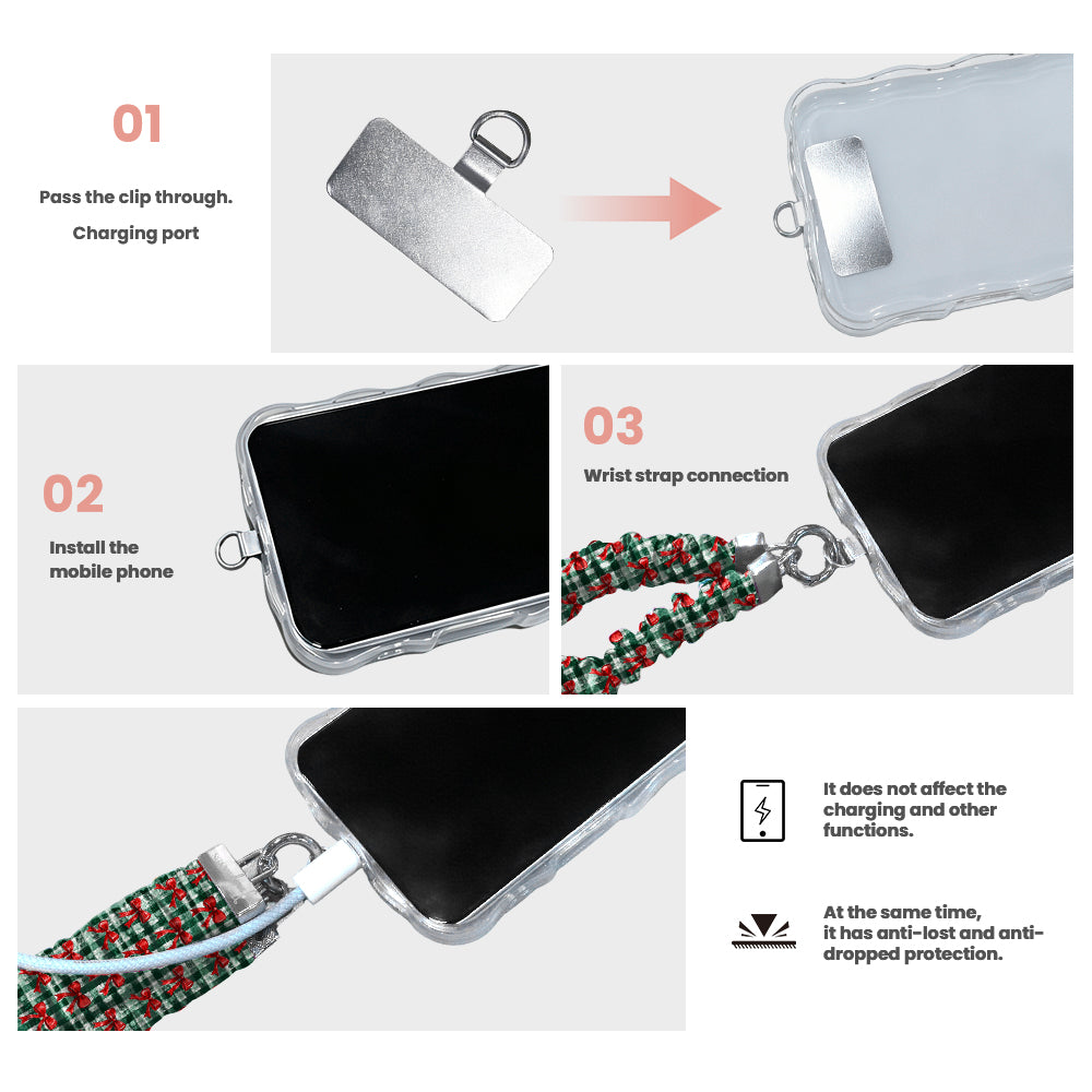 3 steps to attach a Plaid Tidings & Bows scrunchie phone wrist strap: pass the tab through the charging port, fit the case, clip on the wrist strap